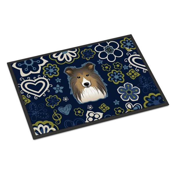Carolines Treasures 24 x 36 in. Blue Flowers Sheltie Indoor or Outdoor Mat BB5093JMAT - main